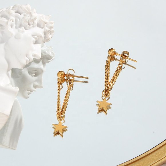 Star Chain Drop Earrings 18K Gold Plating Jewelry Gifts For Her / Wife / Mom - Picture 9 of 11